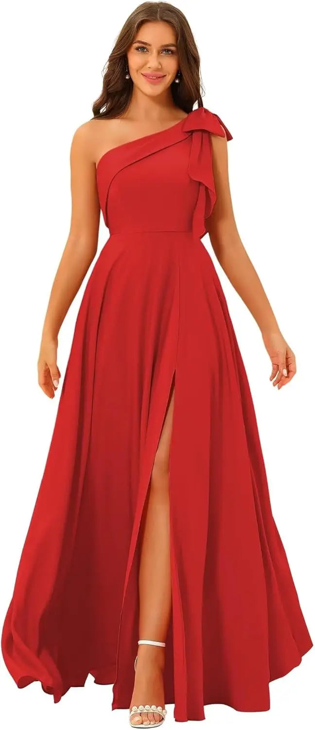 Robe de demoiselle d'honneur élégante en satin à nœud et à épaule dénudée, coupe trapèze fendue, dos nu, couleur unie, simple, pour invités, robe de bal, laçage, robe de soirée de mariage