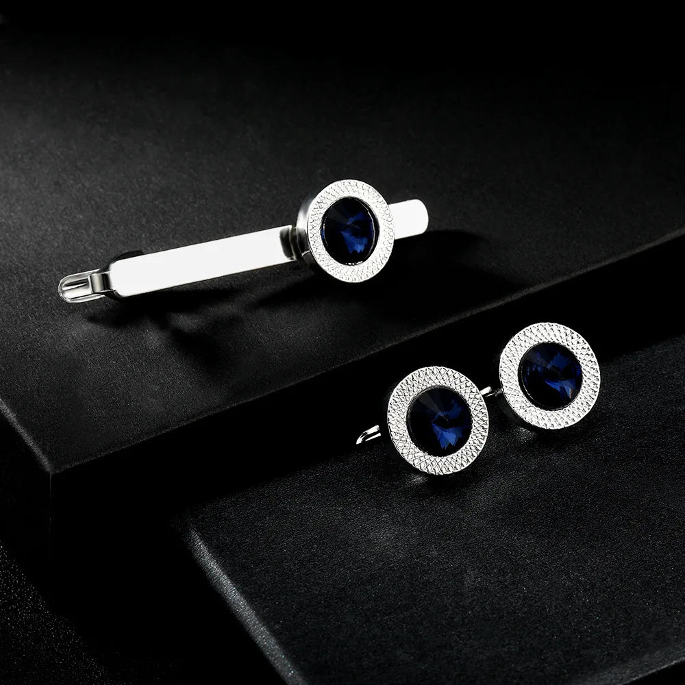 Fashionable Men's French Shirt Accessories Round Blue Crystal Cufflinks Diamond Embedded Sleeve Studs Tie Clip Wedding Gift