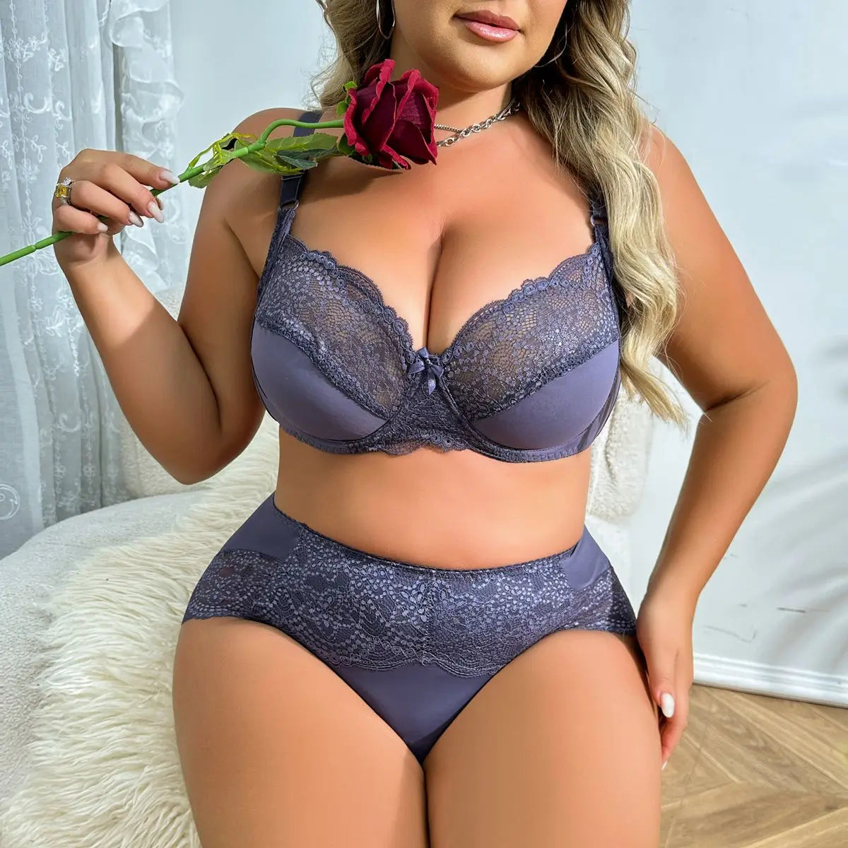 Ensemble de Lingerie Sexy en Dentelle Soutien-Gorge et Culotte Femme Grande Taille Bretelles Réglables Style Simple Confortable Beauwear