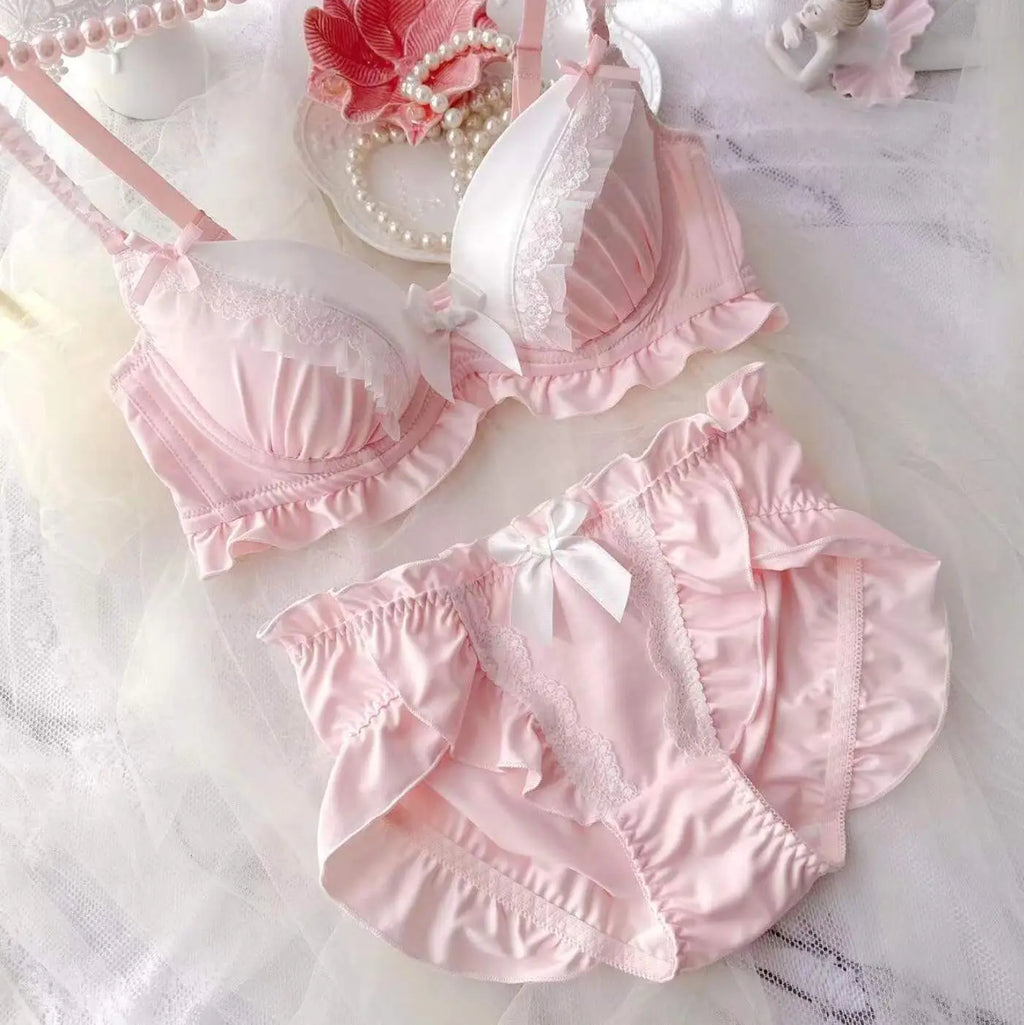 2023 New Arrival 100% Real Photo Lolita Fashion Kawaii Cute college girl Push Up Ruffle Bra Panties Set Underwear Brief Lingerie