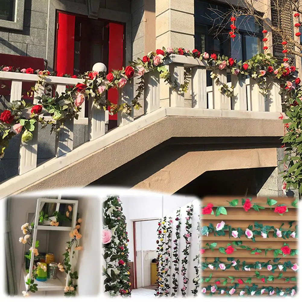 2.3M Guirlande de roses rouges artificielles en soie pour décoration de mariage, fausses fleurs pour la maison, décoration de chambre, vigne florale verte