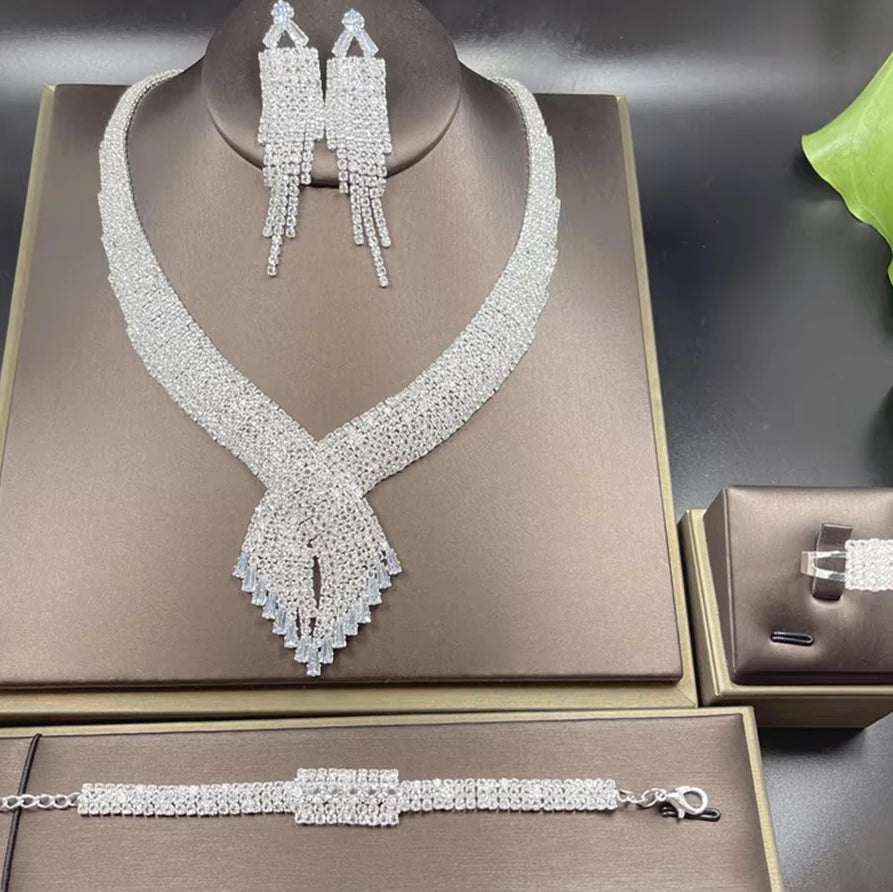 Luxury Tassel Rhinestone 4-Piece Bridal Jewelry Set — Necklace, Earrings, Ring & Bracelet