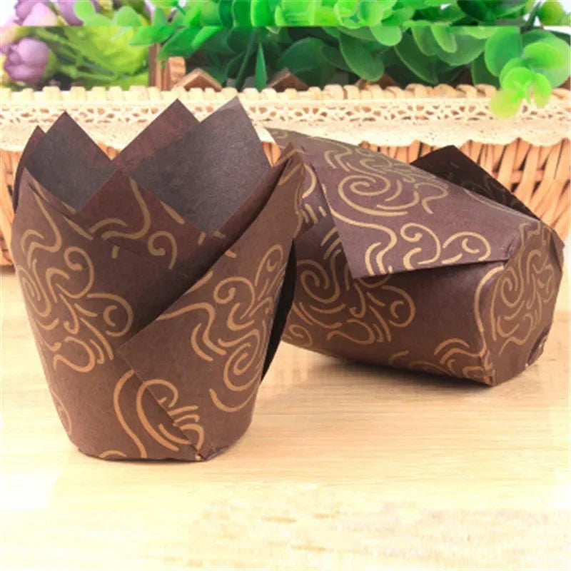 50x caissettes à cupcake de style journal, pour pâtisserie, mariage, caissettes tulipe, moule à muffins, papier sulfurisé, emballage de gâteau résistant à l'huile