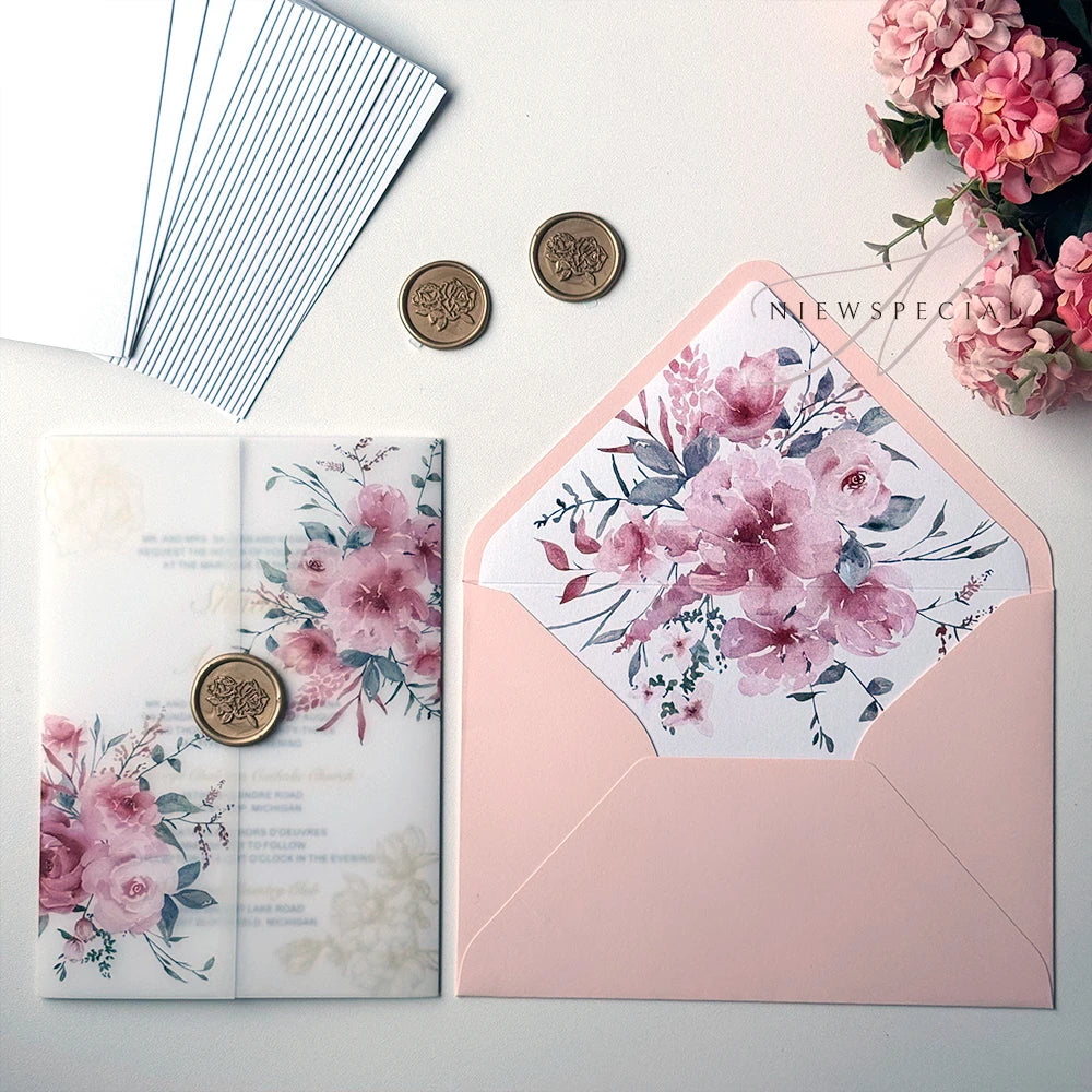 20pcs Watercolor flower Vellum  Wrap suitable for a 5 x 7 Wedding Invitation,vellum jacket,custom invitation