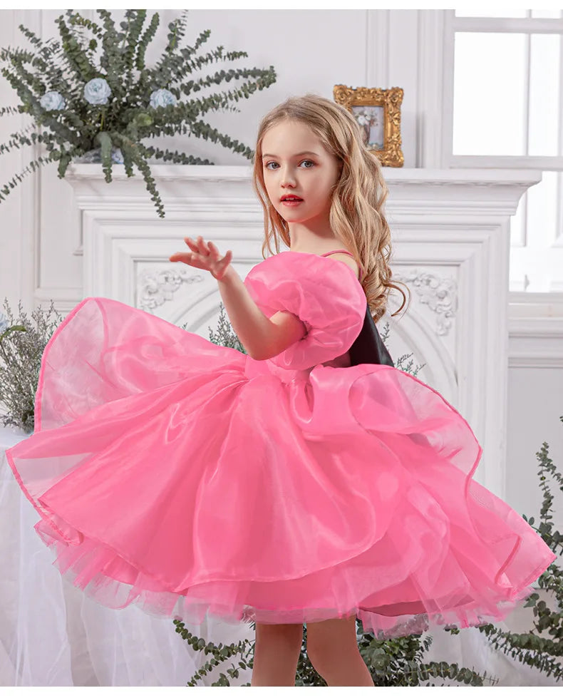 Robe gothique noire pour bébé fille de 4 à 8 ans, pour occasions formelles, manches bouffantes, robe de princesse pour fête d'anniversaire d'enfants avec nœud rose élégant
