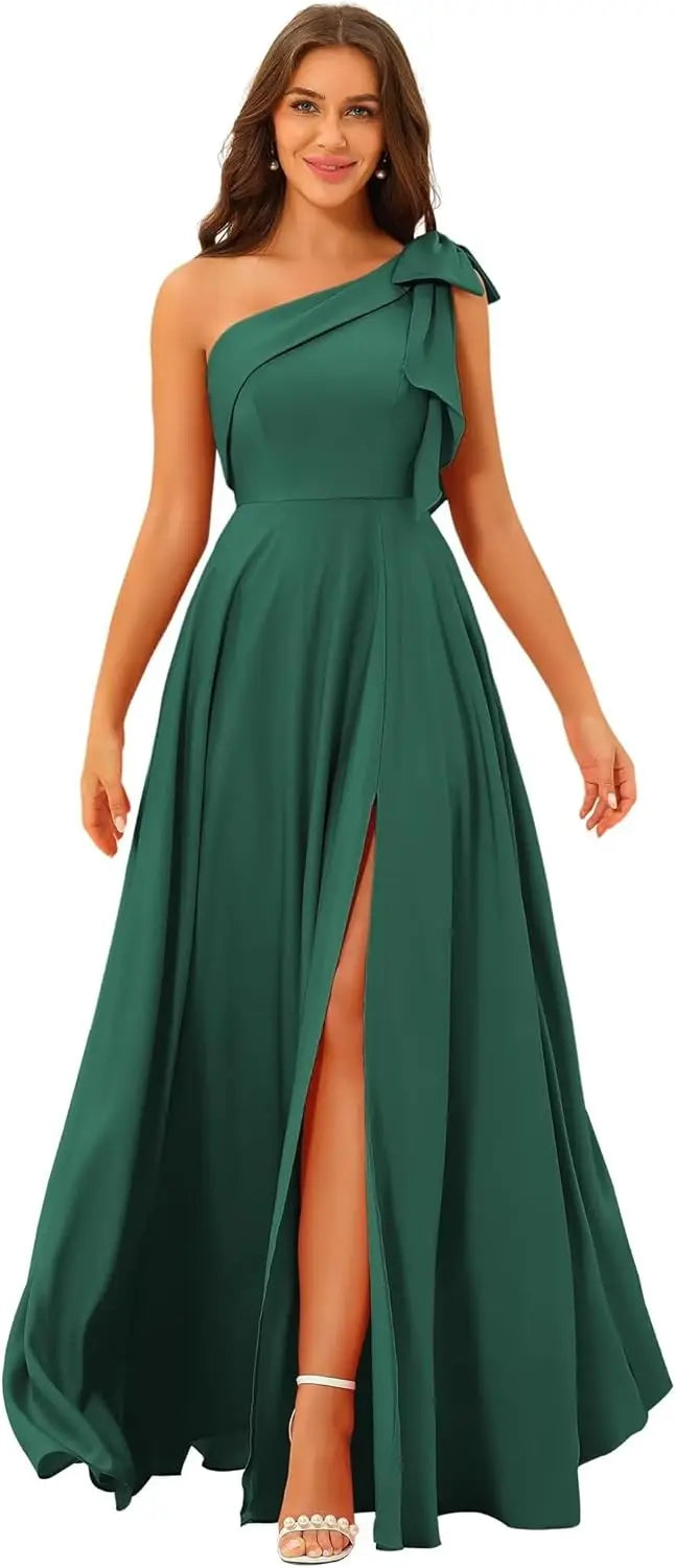 Robe de demoiselle d'honneur élégante en satin à nœud et à épaule dénudée, coupe trapèze fendue, dos nu, couleur unie, simple, pour invités, robe de bal, laçage, robe de soirée de mariage