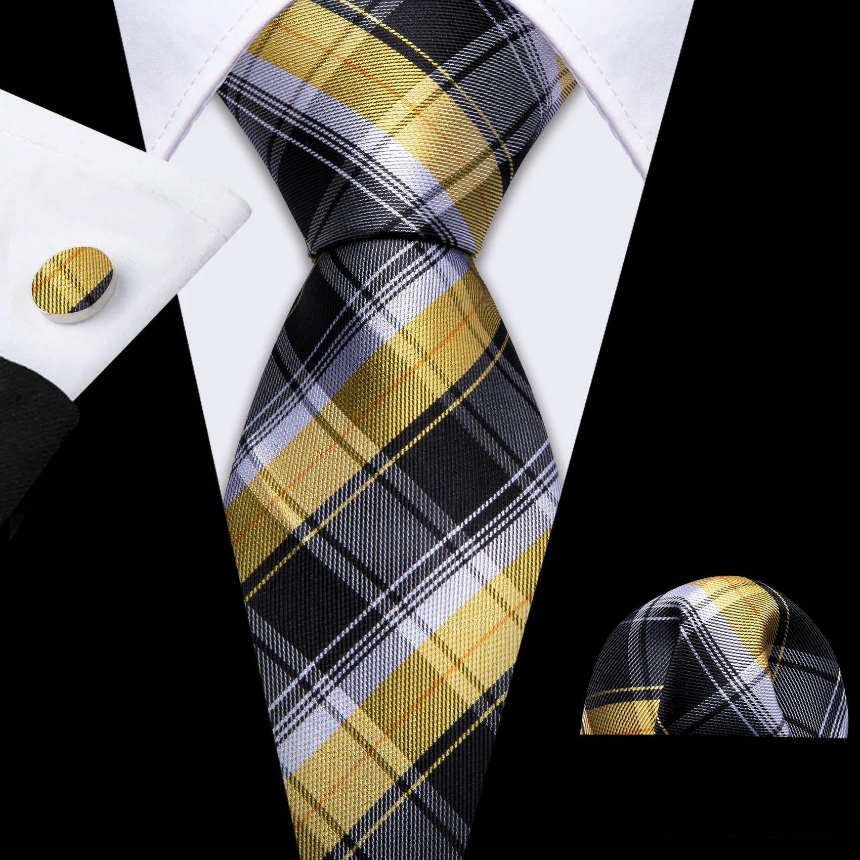 Barry.Wang Cravate Jacquard Or et Jaune pour Homme avec Mouchoir de Poche et Boutons de Manchette, Cravate Exquise pour Mariage et Affaires