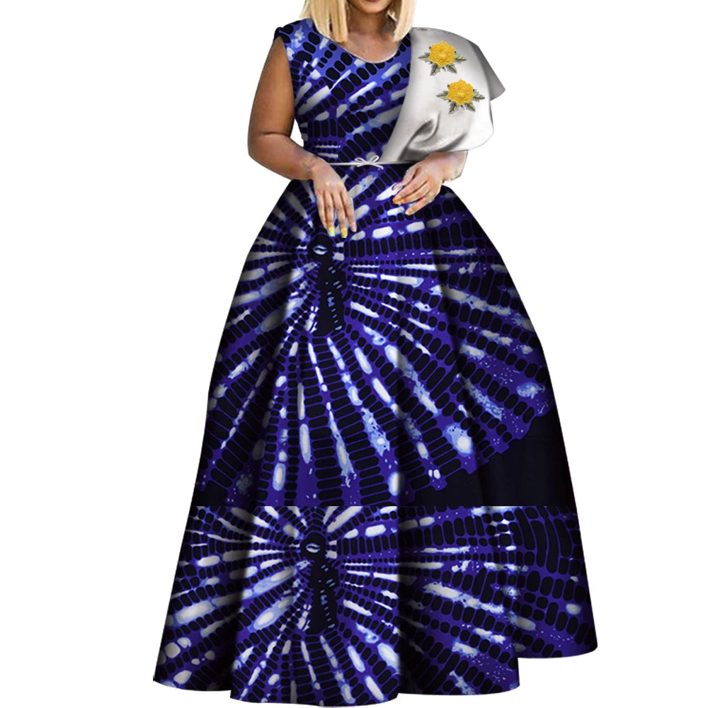Bintarealwax Robes africaines Dashiki imprimées Bazin Robe de soirée asymétrique Robes africaines grande taille pour femmes WY3834