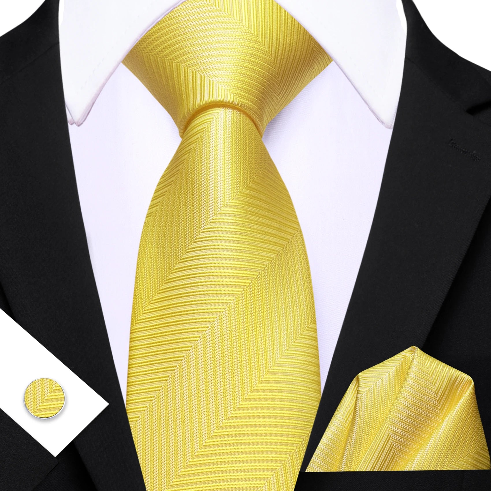 Barry.Wang Cravate Jacquard Or et Jaune pour Homme avec Mouchoir de Poche et Boutons de Manchette, Cravate Exquise pour Mariage et Affaires