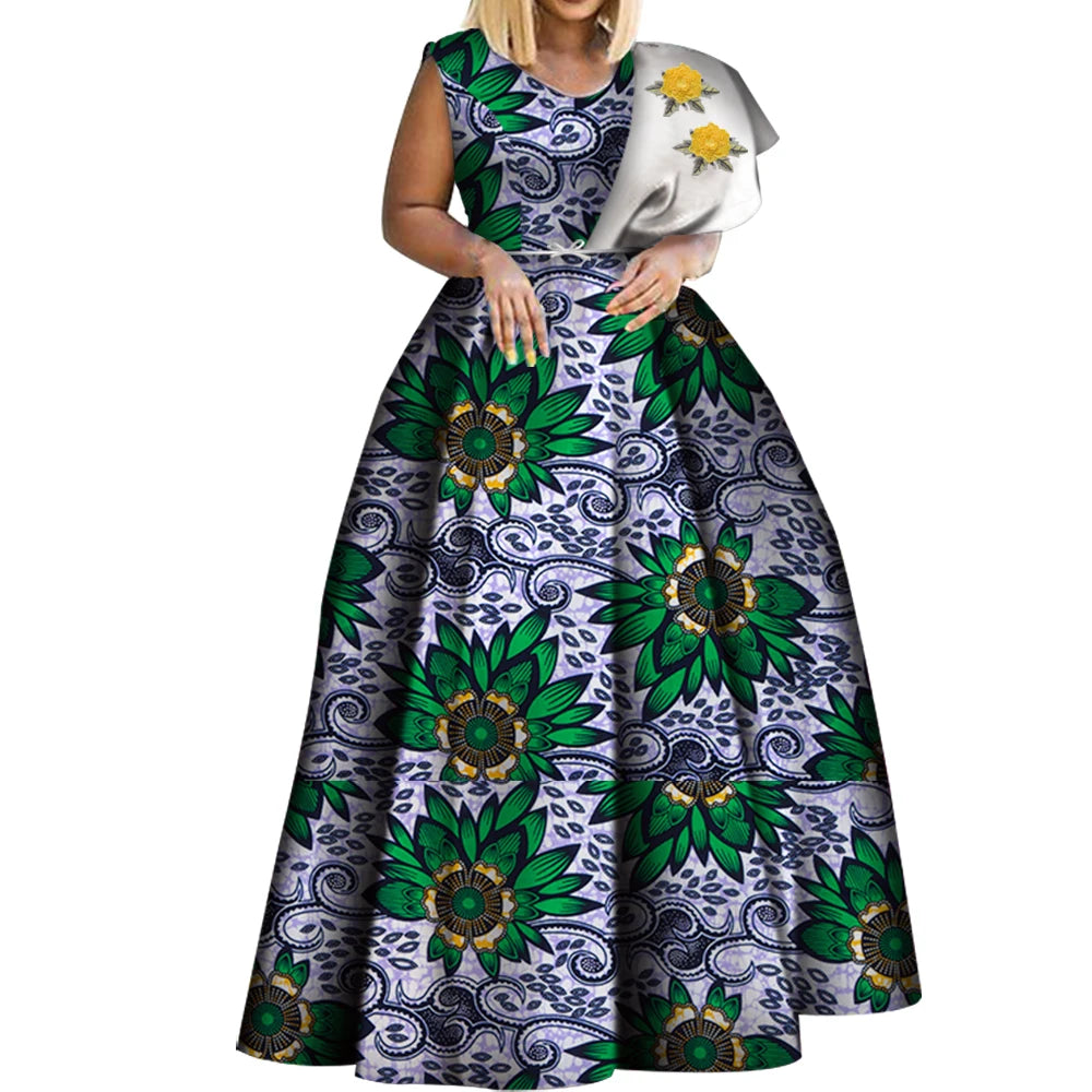 Bintarealwax Robes africaines Dashiki imprimées Bazin Robe de soirée asymétrique Robes africaines grande taille pour femmes WY3834