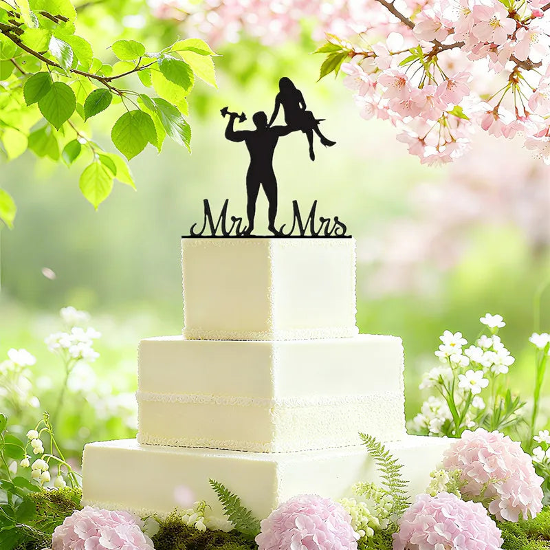 Funny Wedding Party Cake Topper Mariée Marié M. Mme Acrylique Noir Gâteaux de mariage Style Sport Mixte Couples Cake Décoration de mariage