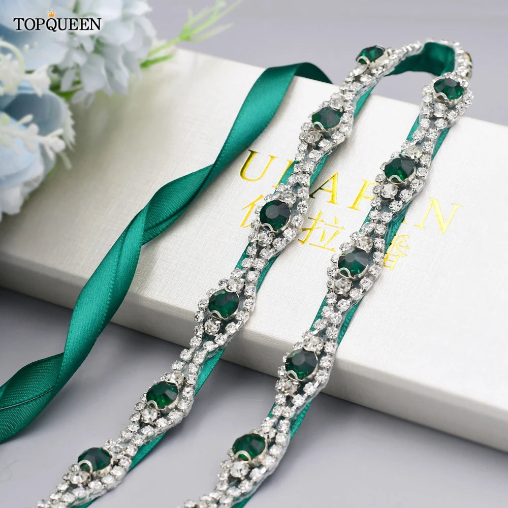 TOPQUEEN Ceinture Verte Multi-styles Avec Diamants Accessoires de Mariage Nuptiaux Strass Robes Femme Soirée Ceintures S30