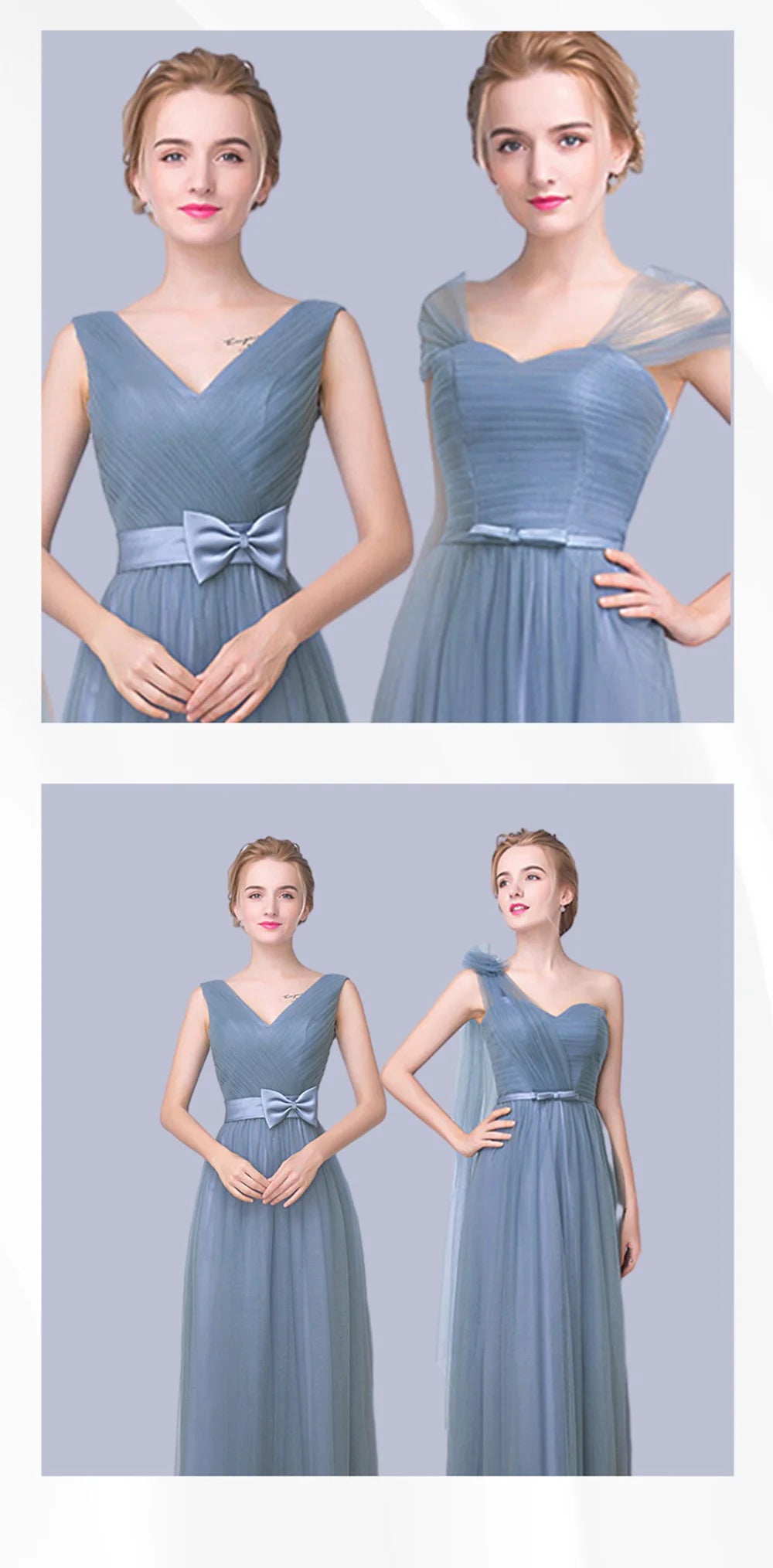 Élégante Robe de Demoiselle d'honneur Gris Bleu Simple 4 styles sans Manches Femme Classique Tulle Ceinture Satin Lacets Nœud Robe de Bal Ligne A