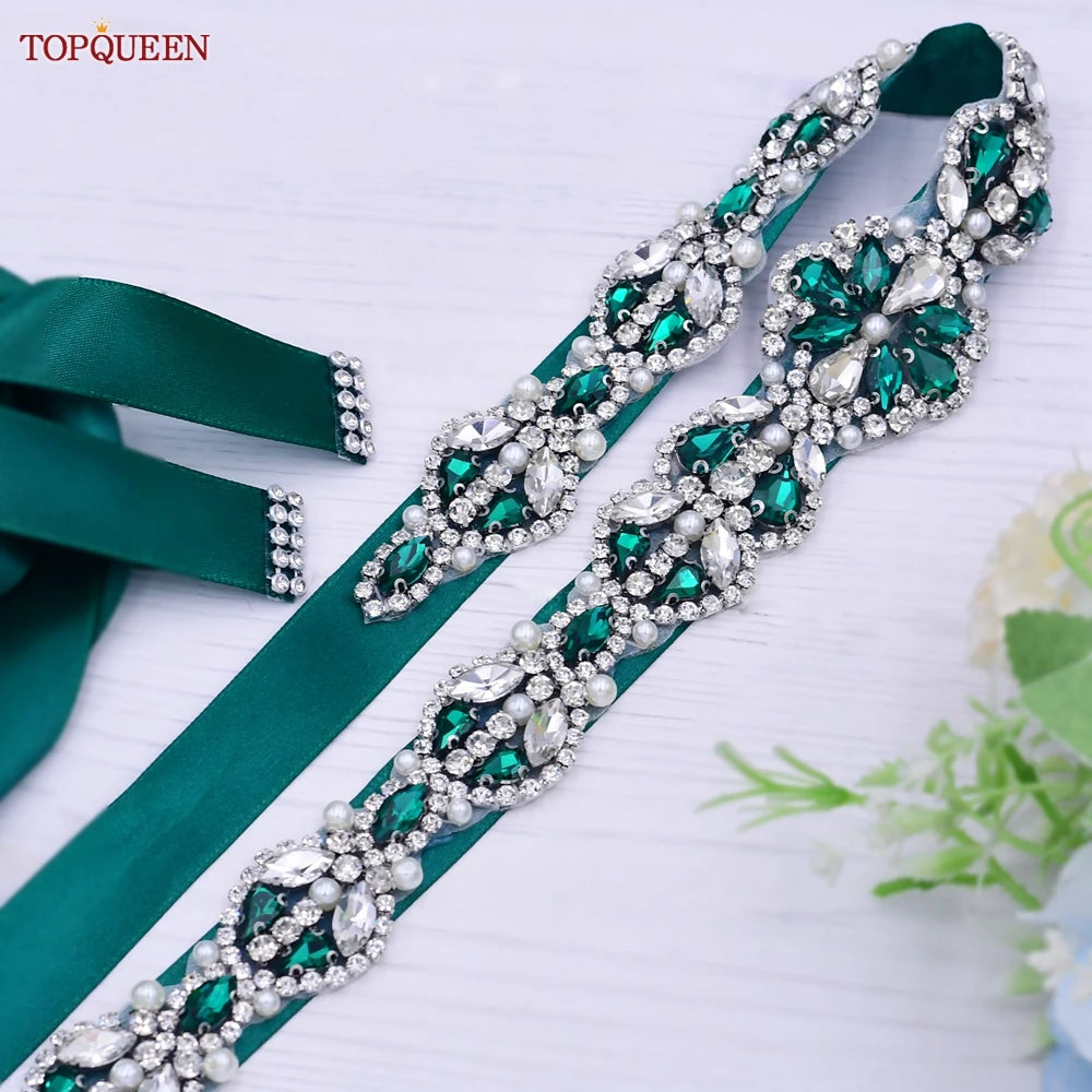TOPQUEEN Multiple Styles Green Belt With Diamonds Bridal Wedding Accessories Rhinestone Women'S Dresses Evening Girdles S30