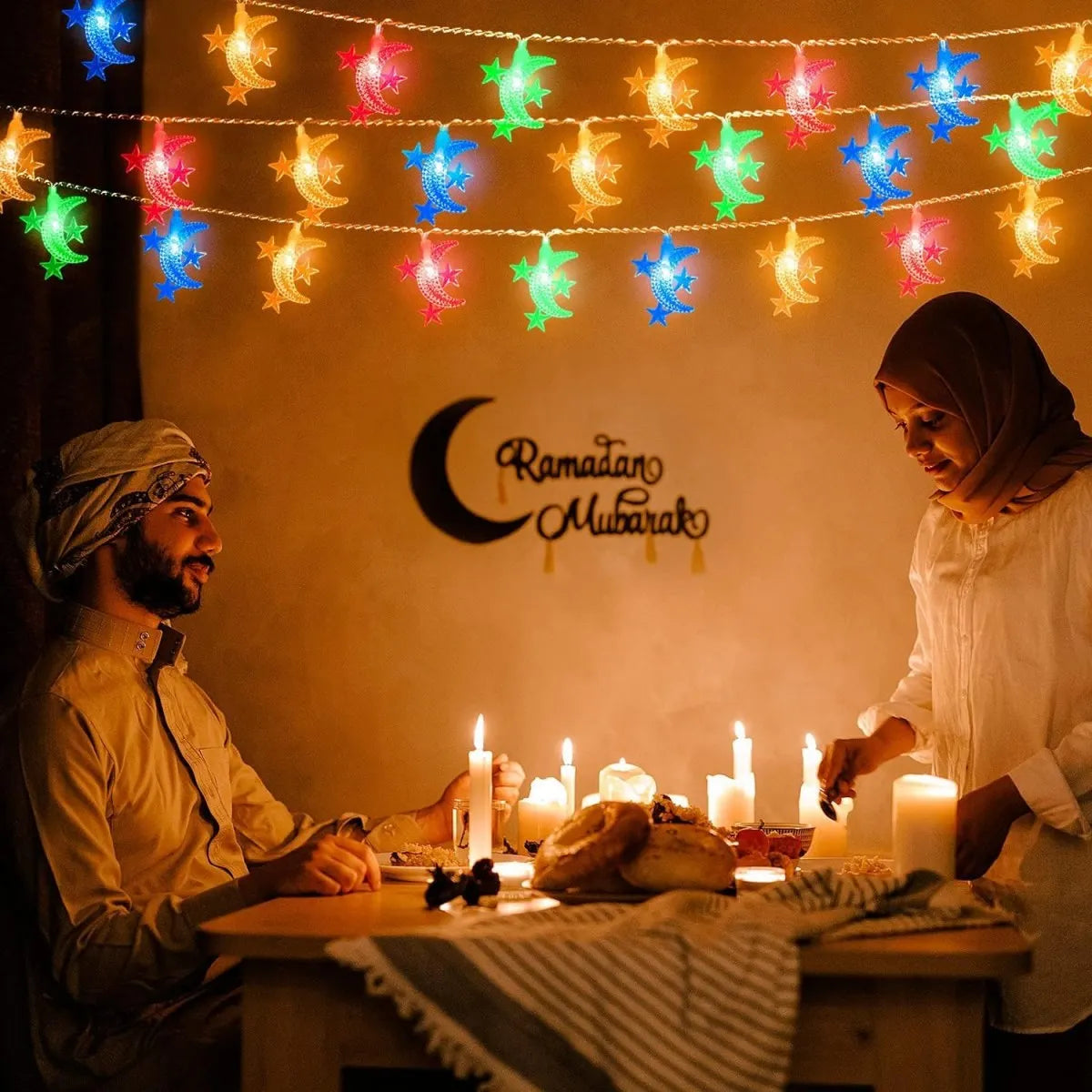 1pc LED Moon & 3 Star Dreamy and Romantic LED Fairy Ramadan String Lights Battery Operated For Bedroom Living Room Wedding Decor
