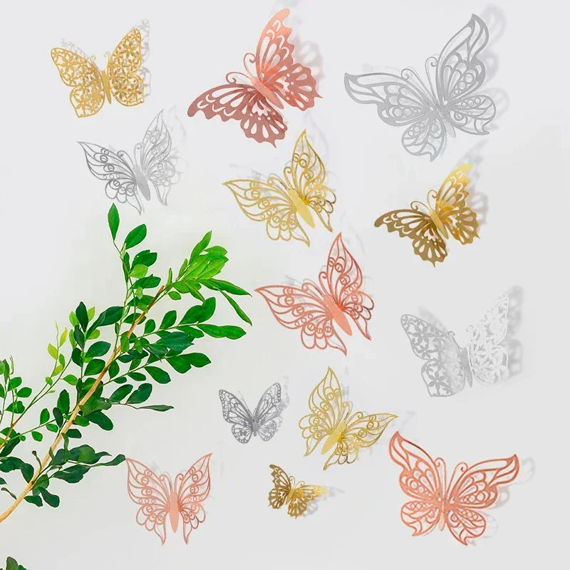48pcs Gold Silver Hollow Butterfly Wall Stickers 3D Butterflies Bedroom Living Room Home Decoration Applique Wedding Decor