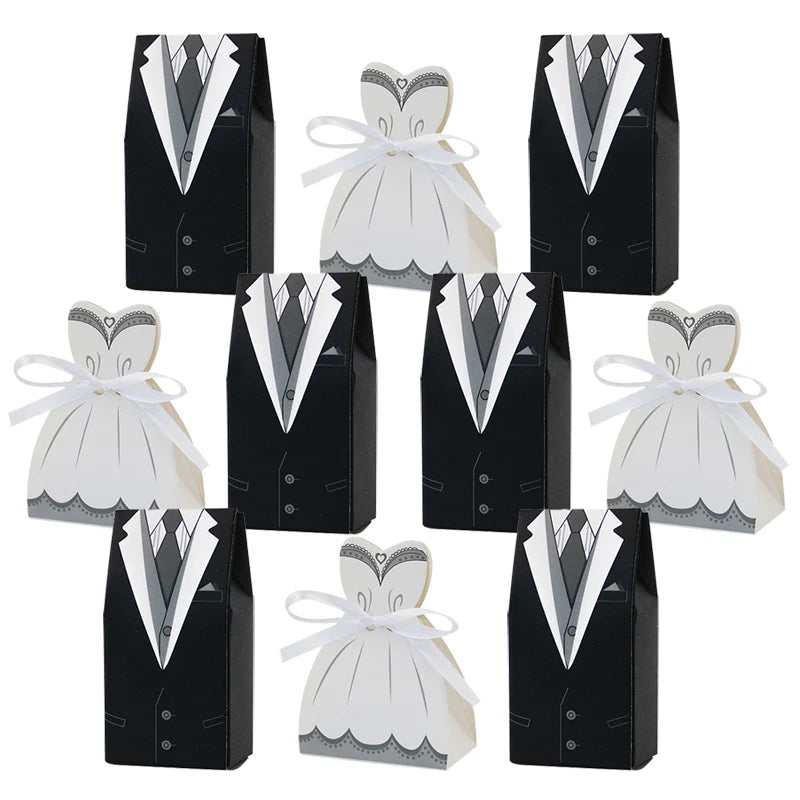 10pcs Wedding Dress Patterns Candy Box Wedding Bridal Souvenirs Candy Box With Ribbon Suit Bride And Groom Accessories Decor