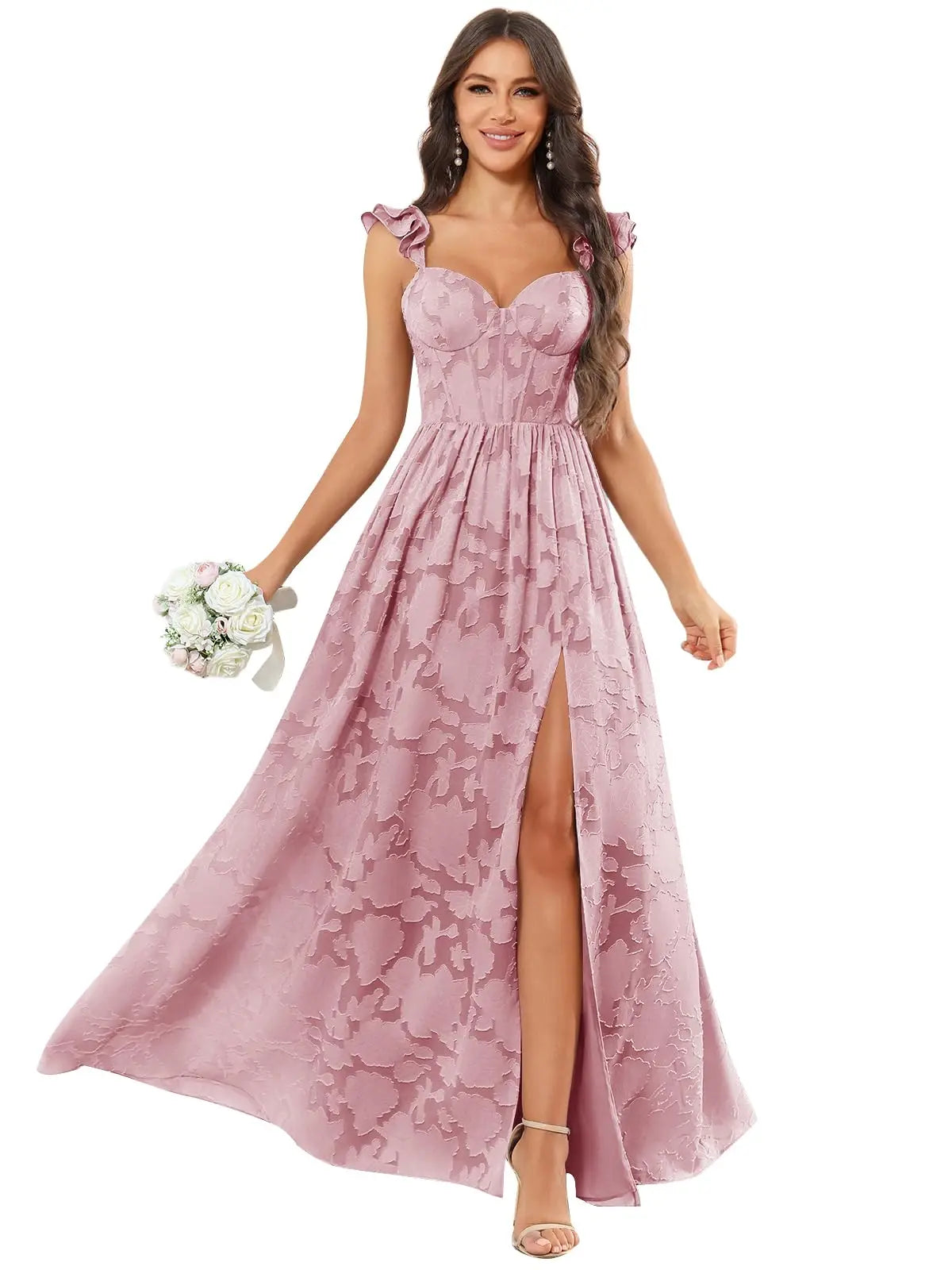 Floral Ruffle Bridesmaid Dress | Sweetheart A-Line Gown with Slit | Wedding Party