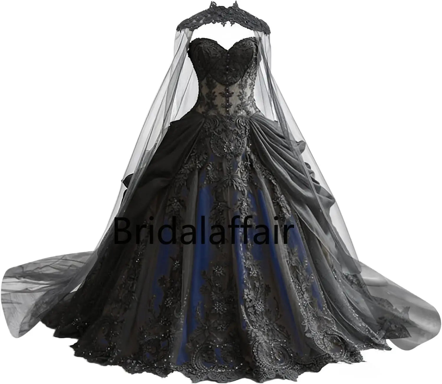 Robes de mariée gothiques pour la mariée Robes de mariée en dentelle noire appliquées Robes de mariée en tulle étagé brodées avec cape