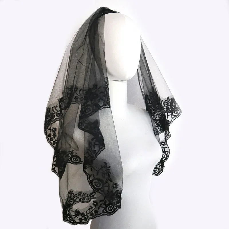 Wedding Veils For Bridal Lace Embroidery Edge Tulle White Black Veil For Halloween Bachelorette Party Headdress Accessories