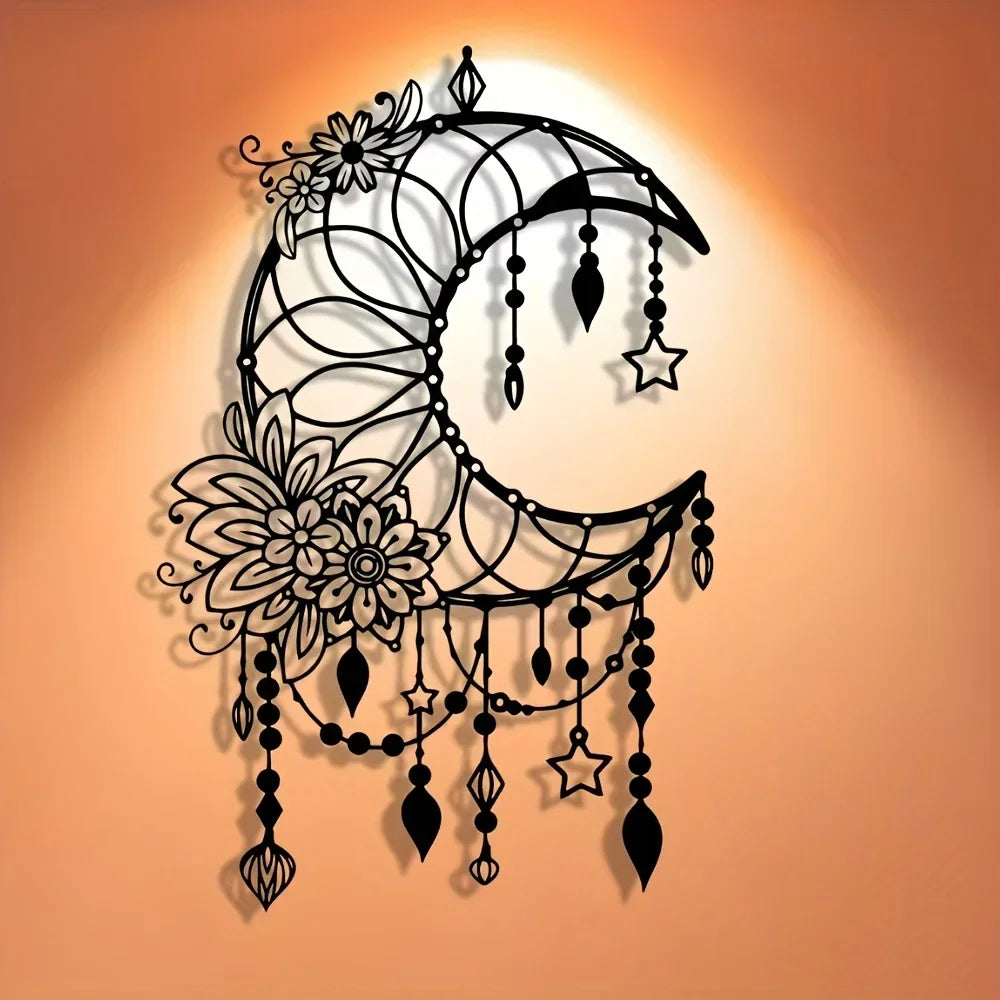 Elegant Gothic Moon & Flower Metal Wall Art Modern Craft Hanging Ornament for Living Room Decor