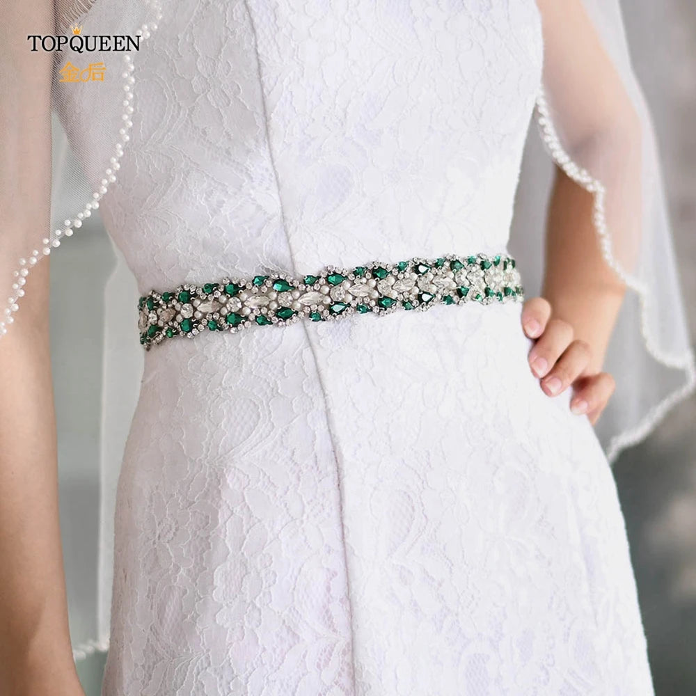 TOPQUEEN Multiple Styles Green Belt With Diamonds Bridal Wedding Accessories Rhinestone Women'S Dresses Evening Girdles S30