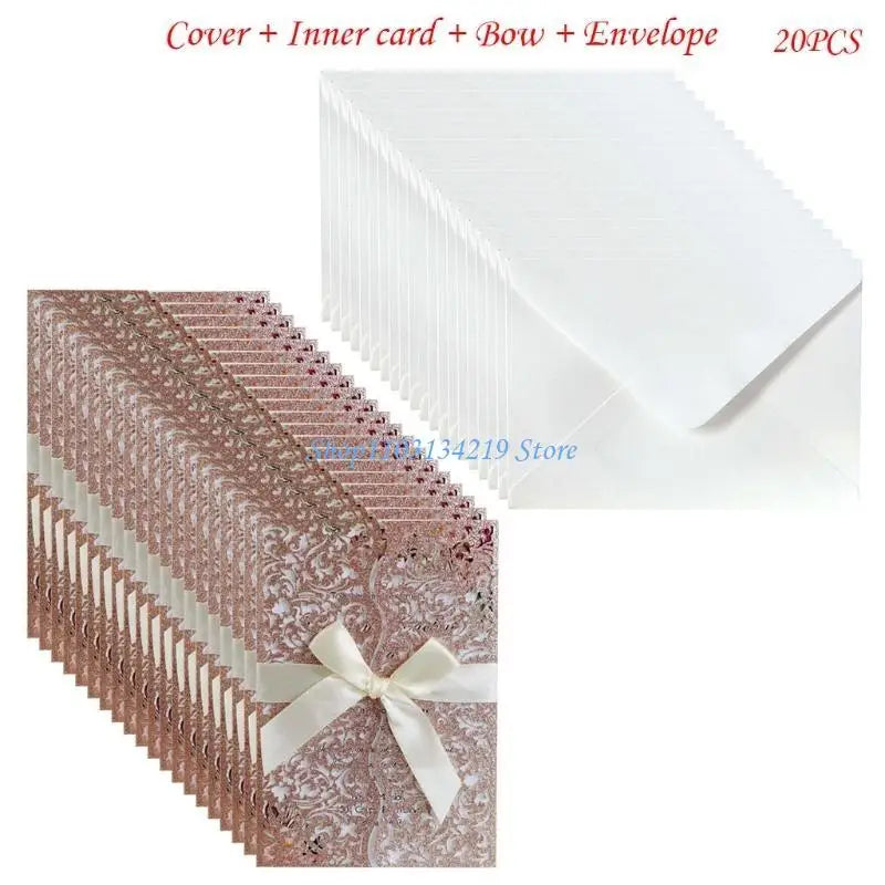 20 cartes d'invitation à paillettes creuses avec enveloppes et ruban pour mariage, Saint-Valentin, fête prénuptiale, fournitures de fête