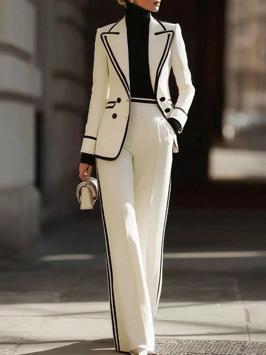 Costumes de soirée pour femme : Veste élégante à revers en pointe et pantalon en satin pour femme