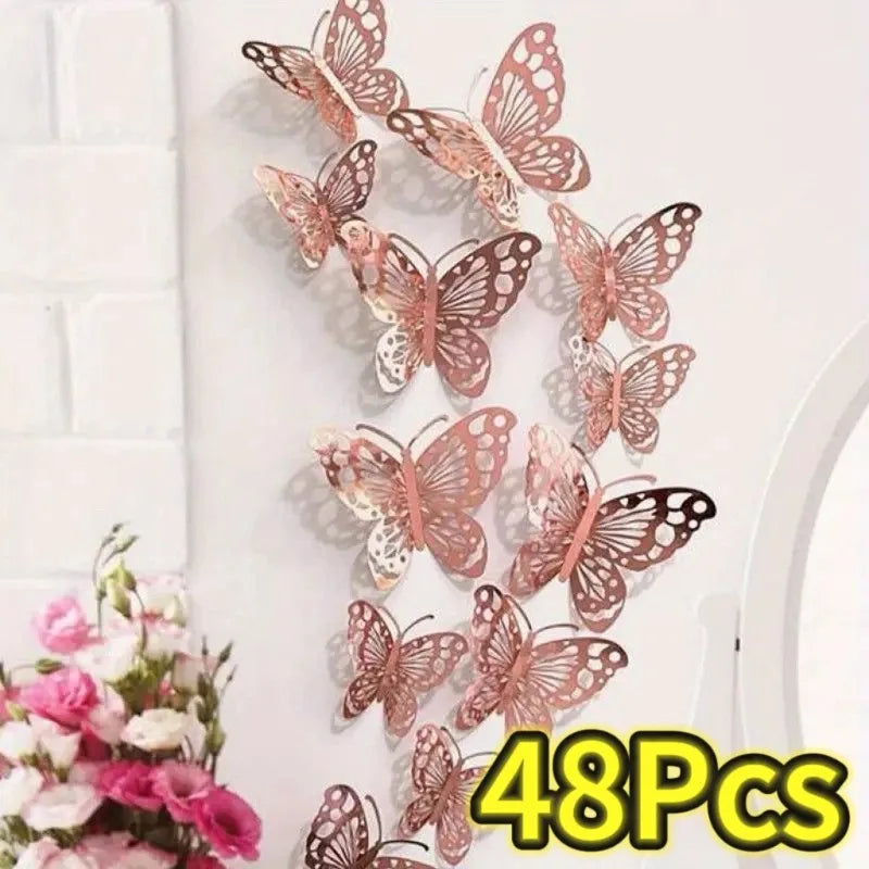 48pcs Gold Silver Hollow Butterfly Wall Stickers 3D Butterflies Bedroom Living Room Home Decoration Applique Wedding Decor