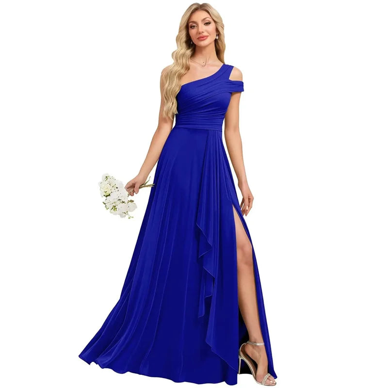 Robe de Demoiselle d'honneur en Mousseline Coupe Droite, Épaule Dénudée, Fendue, Plissée, Élégante pour Mariage, Soirée ou Bal, Dos Lacé