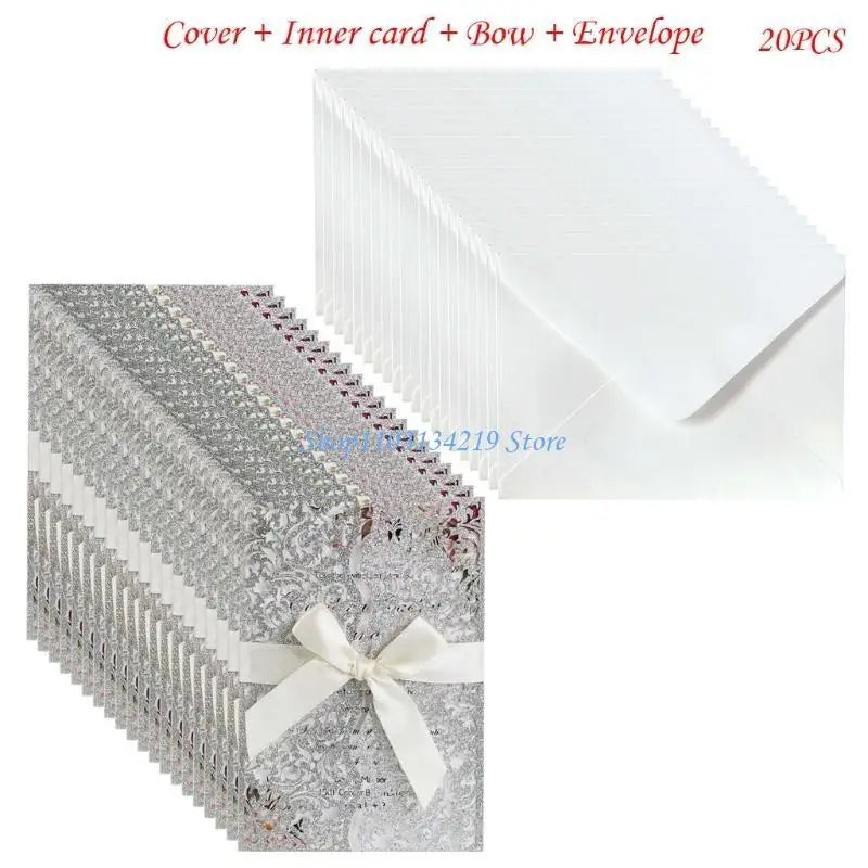 20 cartes d'invitation à paillettes creuses avec enveloppes et ruban pour mariage, Saint-Valentin, fête prénuptiale, fournitures de fête