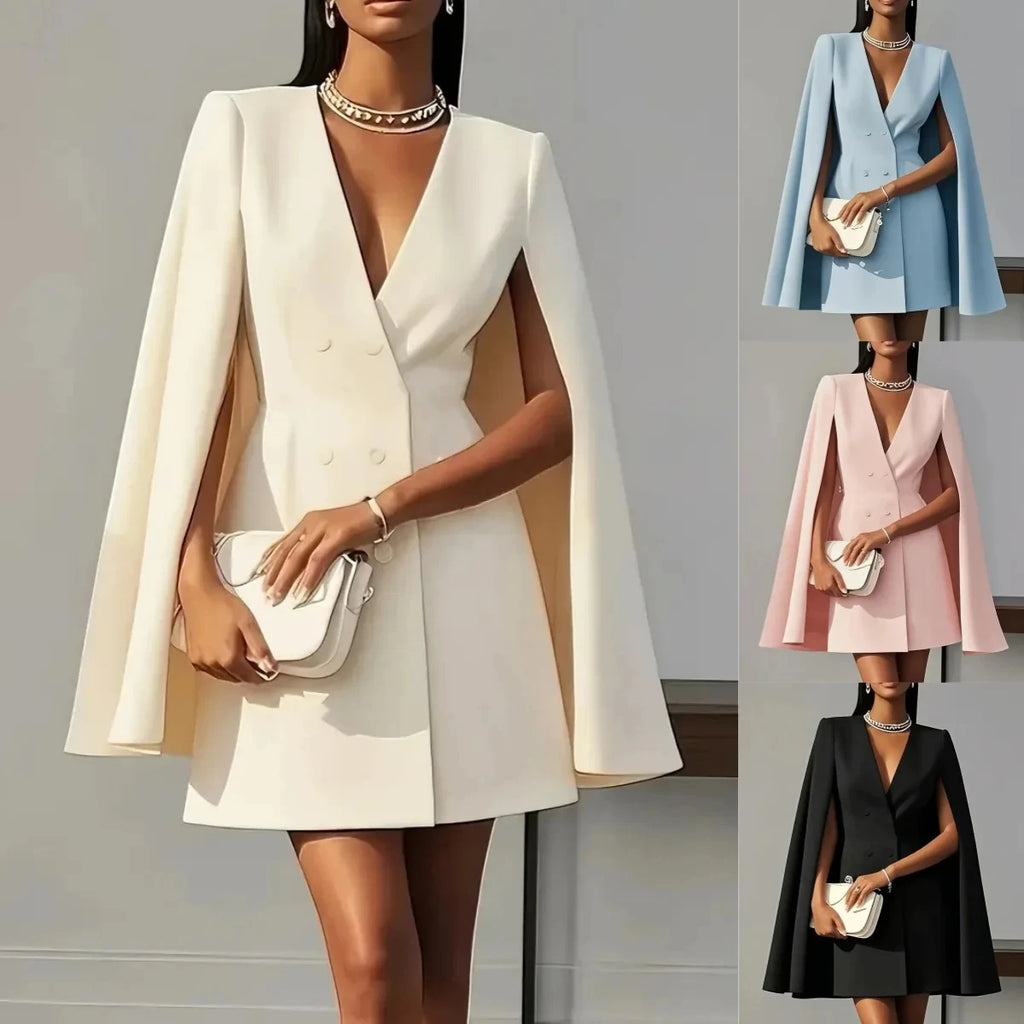 Women's suit dress for autumn office wear, double-breasted cape-like cloak, solid color V-neck suit jacket