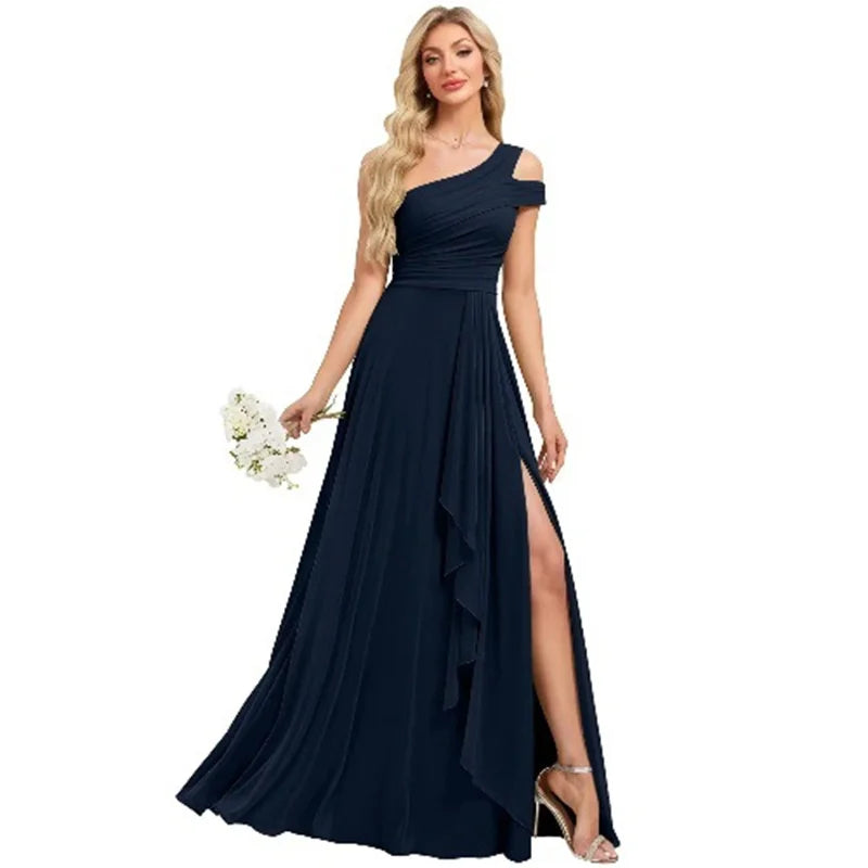Robe de Demoiselle d'honneur en Mousseline Coupe Droite, Épaule Dénudée, Fendue, Plissée, Élégante pour Mariage, Soirée ou Bal, Dos Lacé