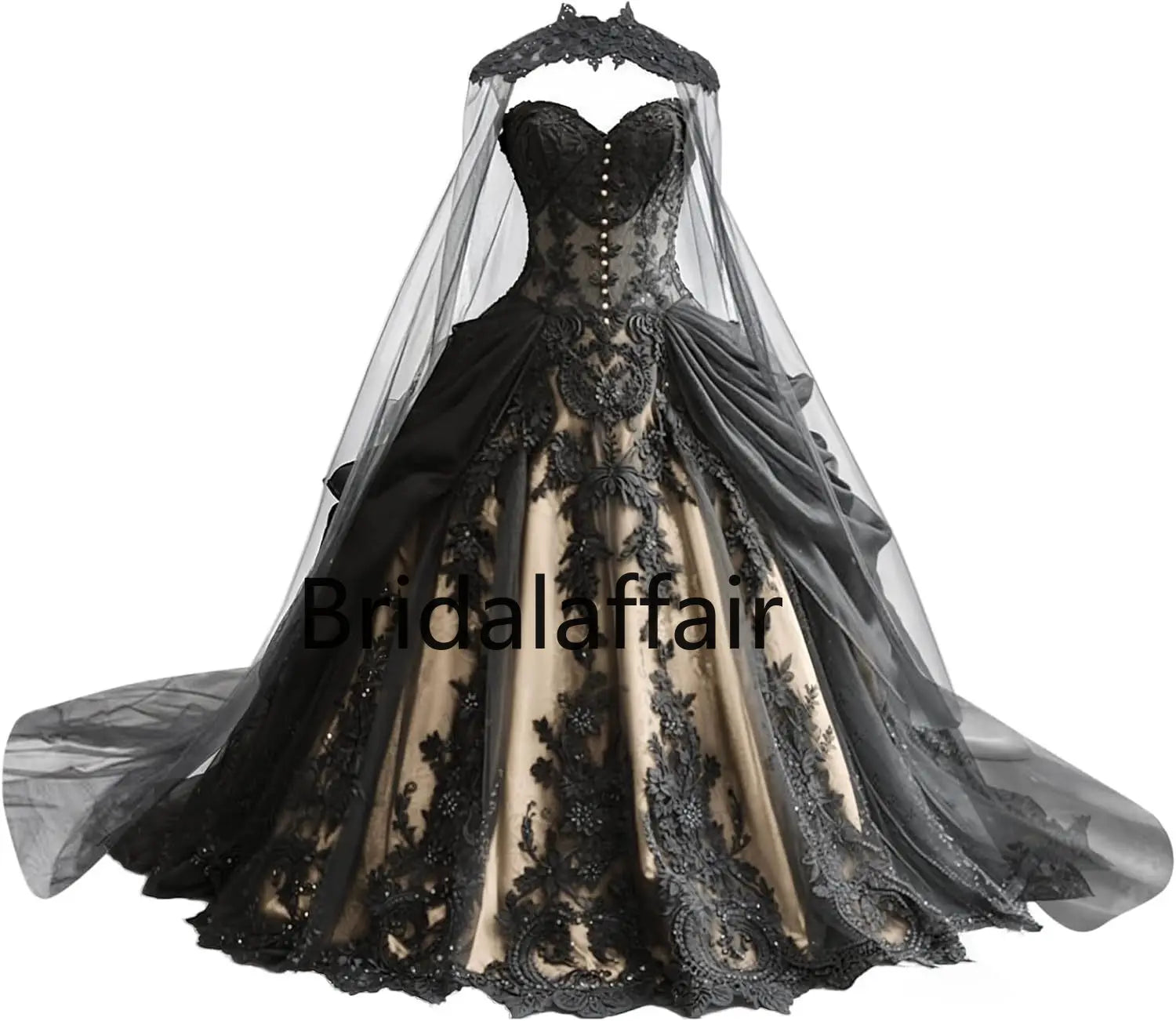 Robes de mariée gothiques pour la mariée Robes de mariée en dentelle noire appliquées Robes de mariée en tulle étagé brodées avec cape