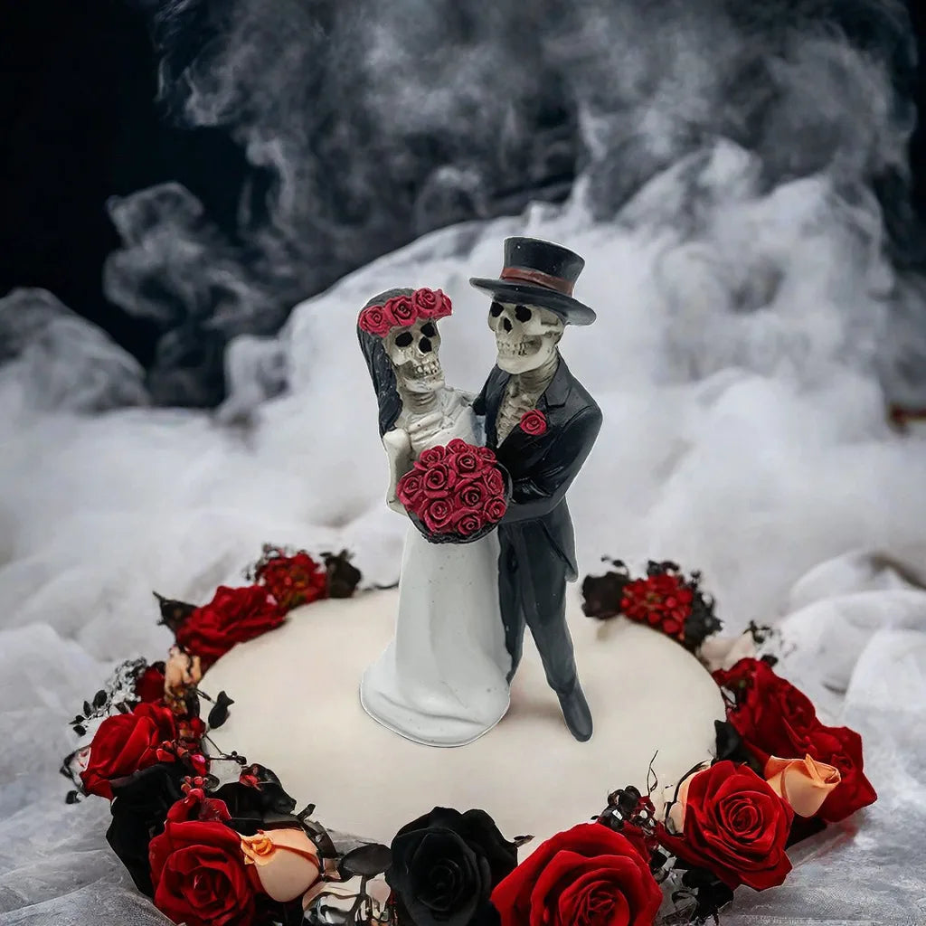 Statue de squelettes en couple, L'amour ne meurt jamais, mariés squelettes, figurine de mariage, crânes de la Fête des Morts en résine, effrayant Hal