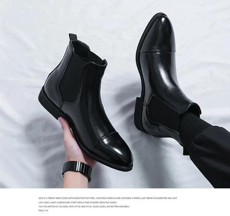 Bottes Cheville Homme Affaires Semelle Rouge Bout Pointu Bottines Habillées Britanniques Chaussures Hautes en Cuir Décontractées Chelsea Homme à Enfiler