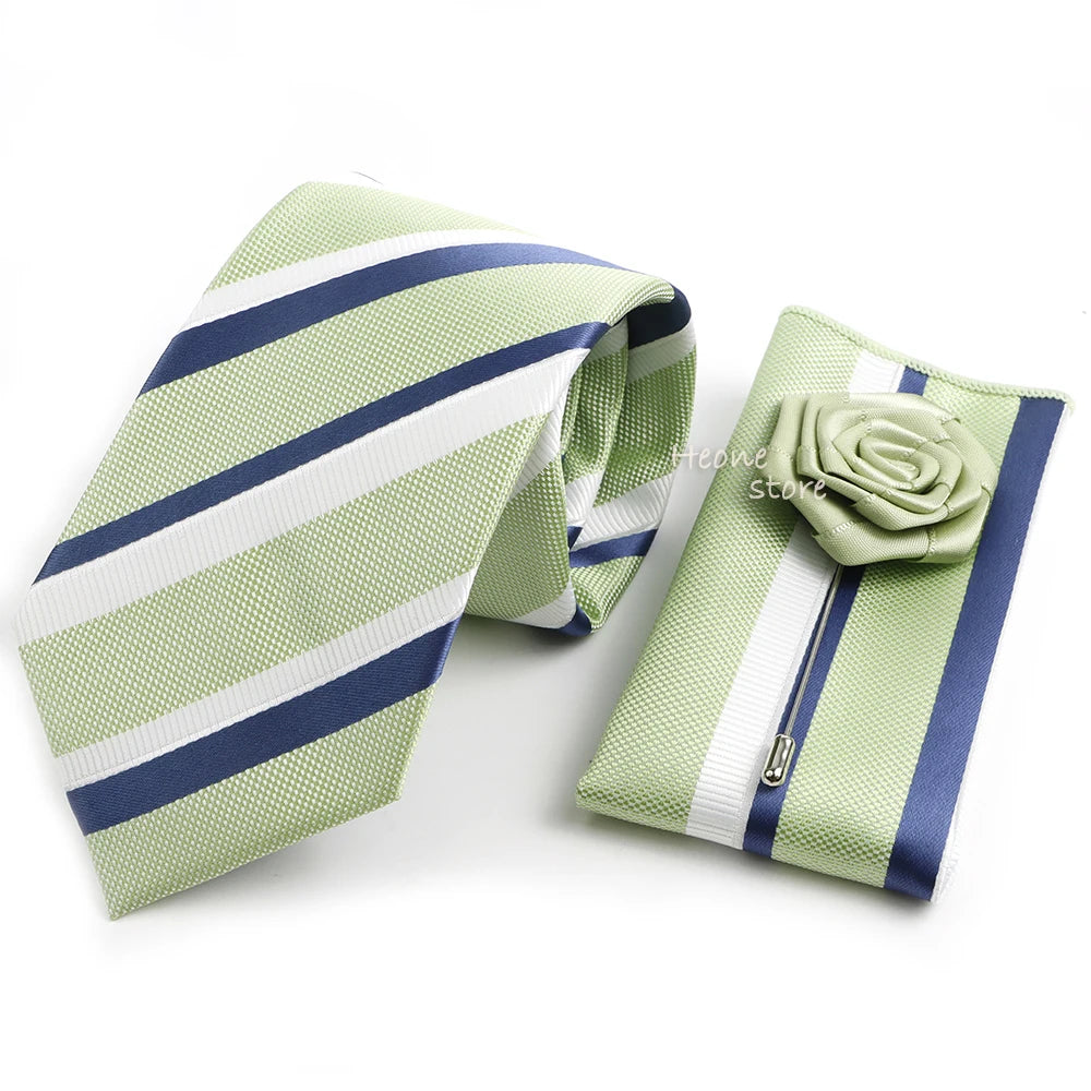 Men's Striped Necktie, Pocket Square & Brooch Set | Groom & Groomsmen Wedding Accessory