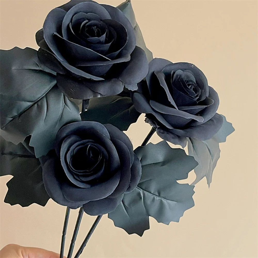 Halloween Black Artificial Rose Flowers Dark Horror Gothic Black Simulated Flower Bouquet for Home Wedding Party Halloween Decor