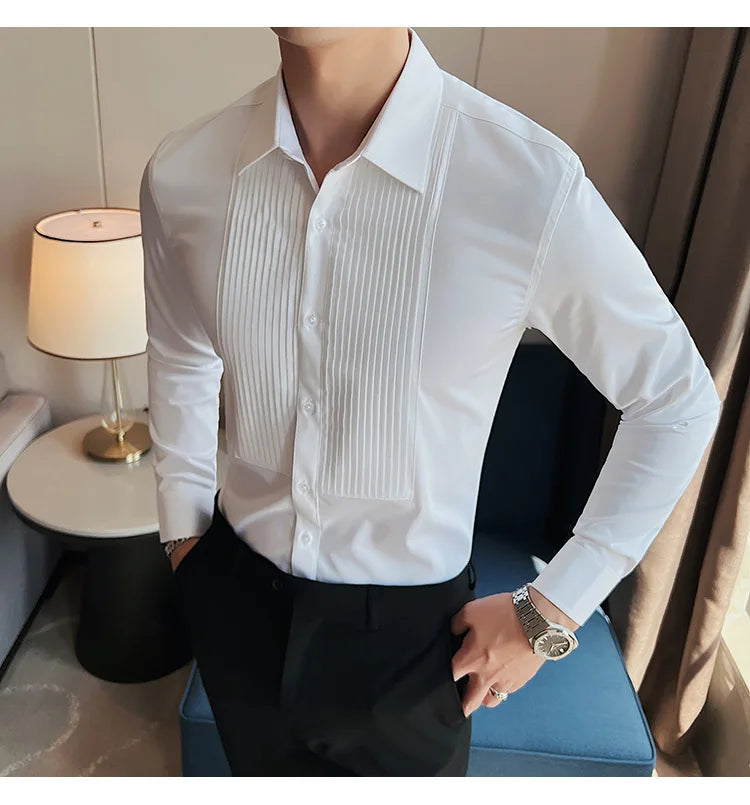 Men's Pleated Tuxedo Dress Shirt – Slim Fit Groom & Groomsmen Wedding Shirt