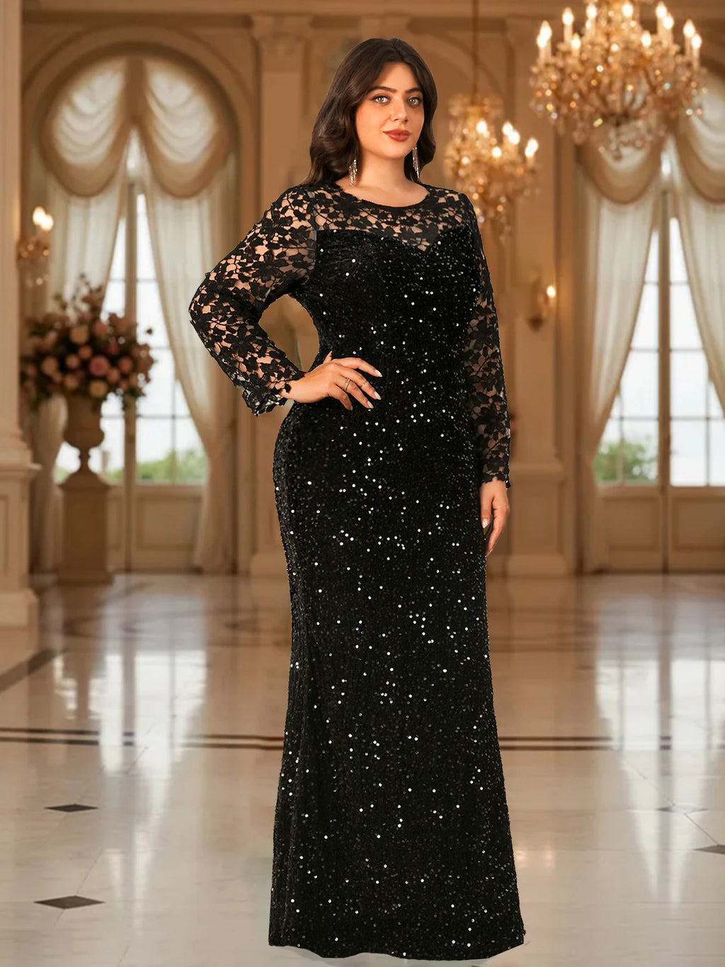 Robe de soirée élégante grande taille pour femmes, manches longues, dentelle, paillettes, velours, ajourée, modeste, maxi
