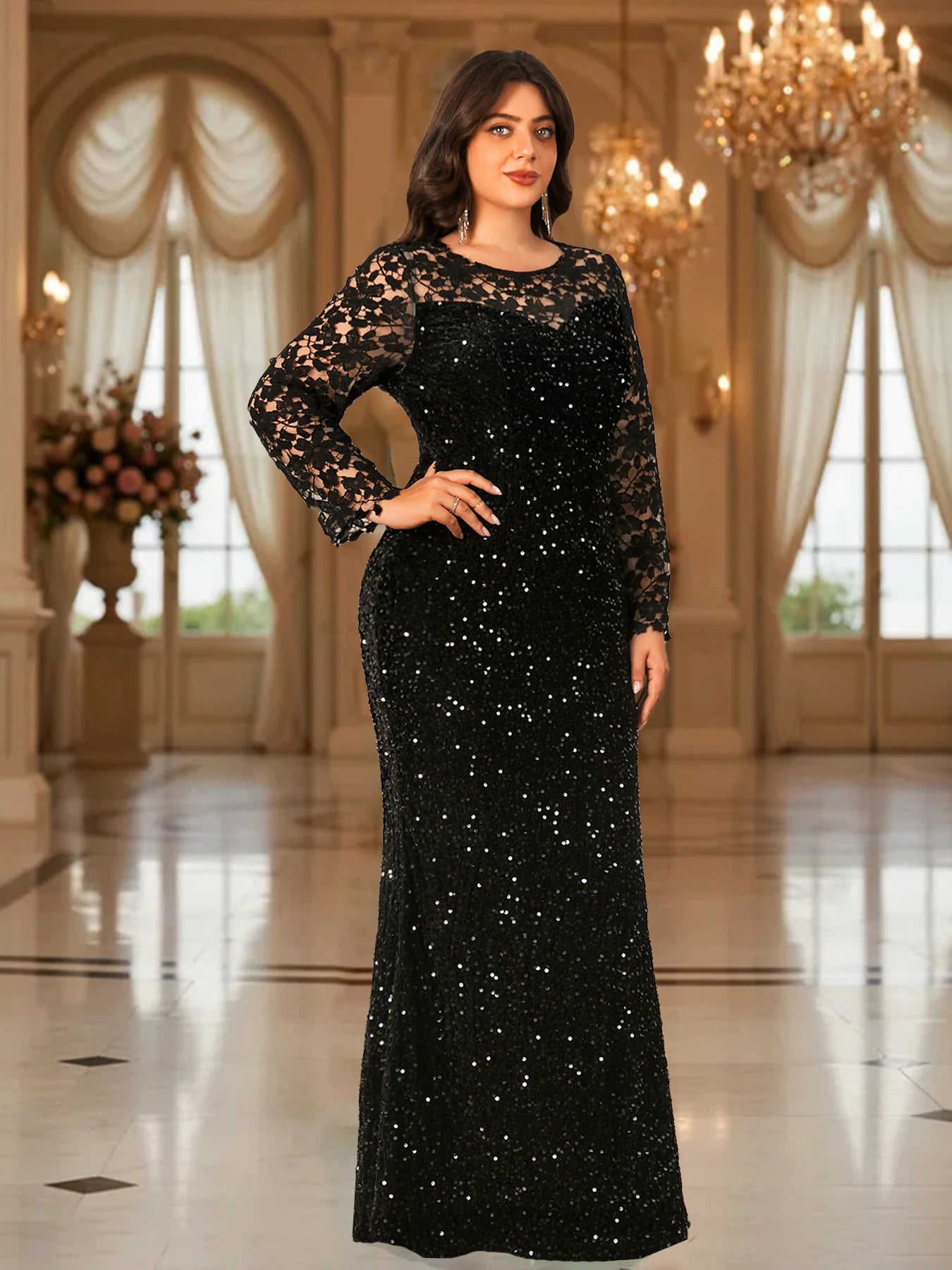 Robe de soirée élégante grande taille pour femmes, manches longues, dentelle, paillettes, velours, ajourée, modeste, maxi