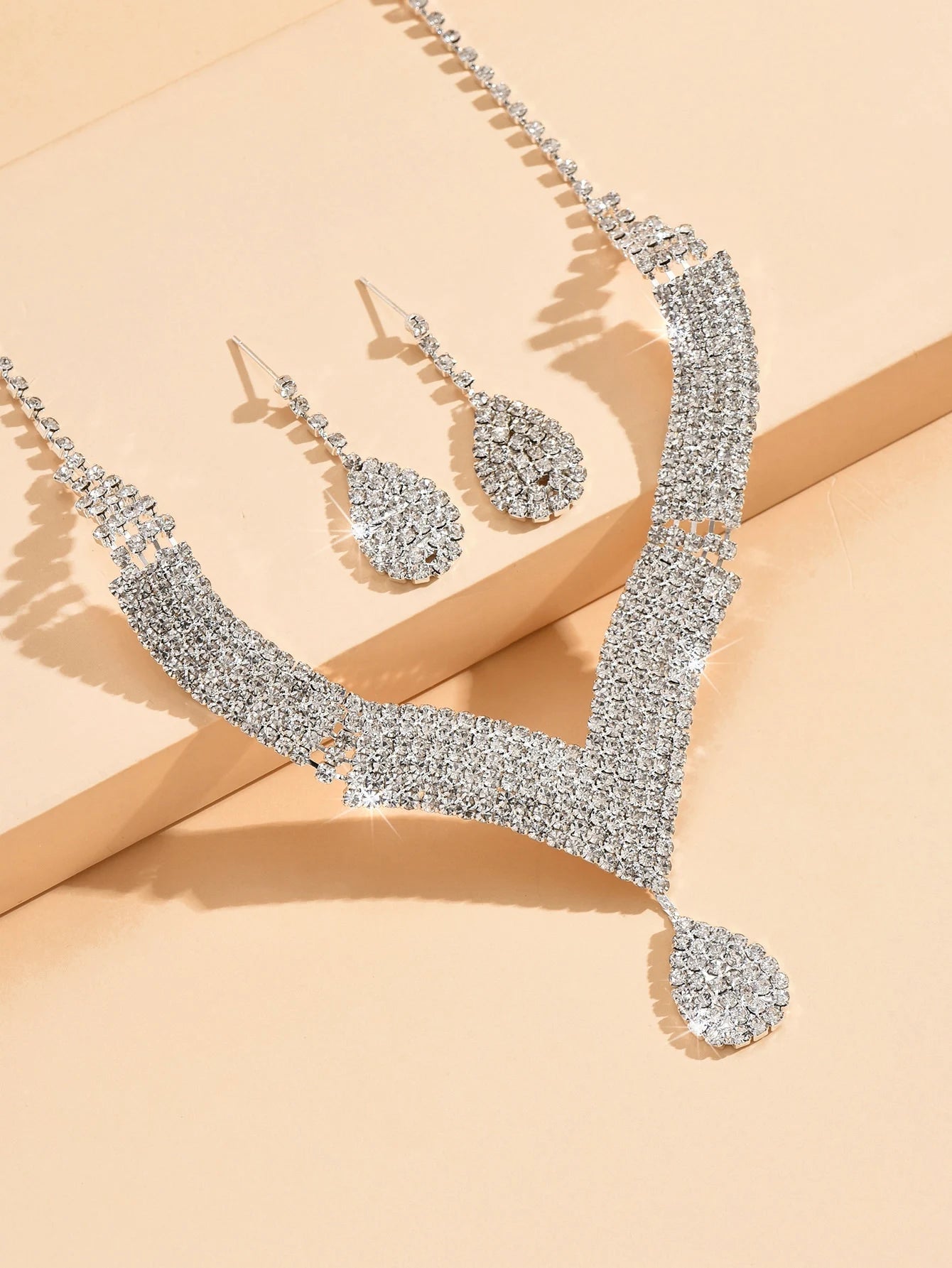 Parure collier et boucles d'oreilles goutte d'eau en strass – 3 pièces, bijoux de mariée