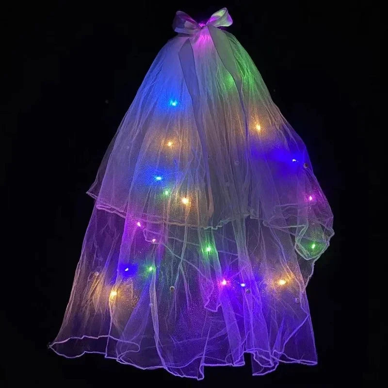 Voile mignon Cheveux Lumineux Fée Ruban Nœud Couronne Lampe LED Mariage Fournitures de Fête Maquillage Fille