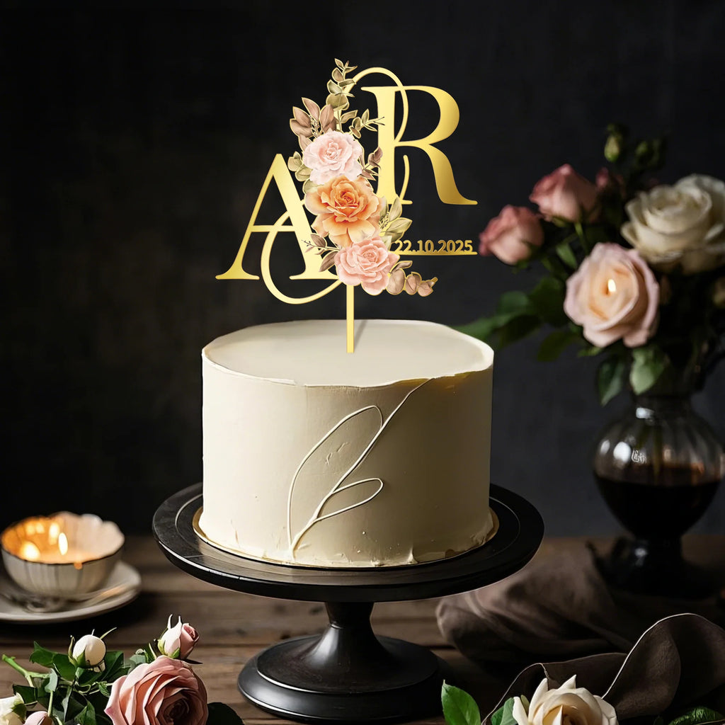 Personalized Fall Wedding Cake Topper in Acrylic Custom Bride and Groom Initial Cake Topper Wedding Date Cake Decoration 01