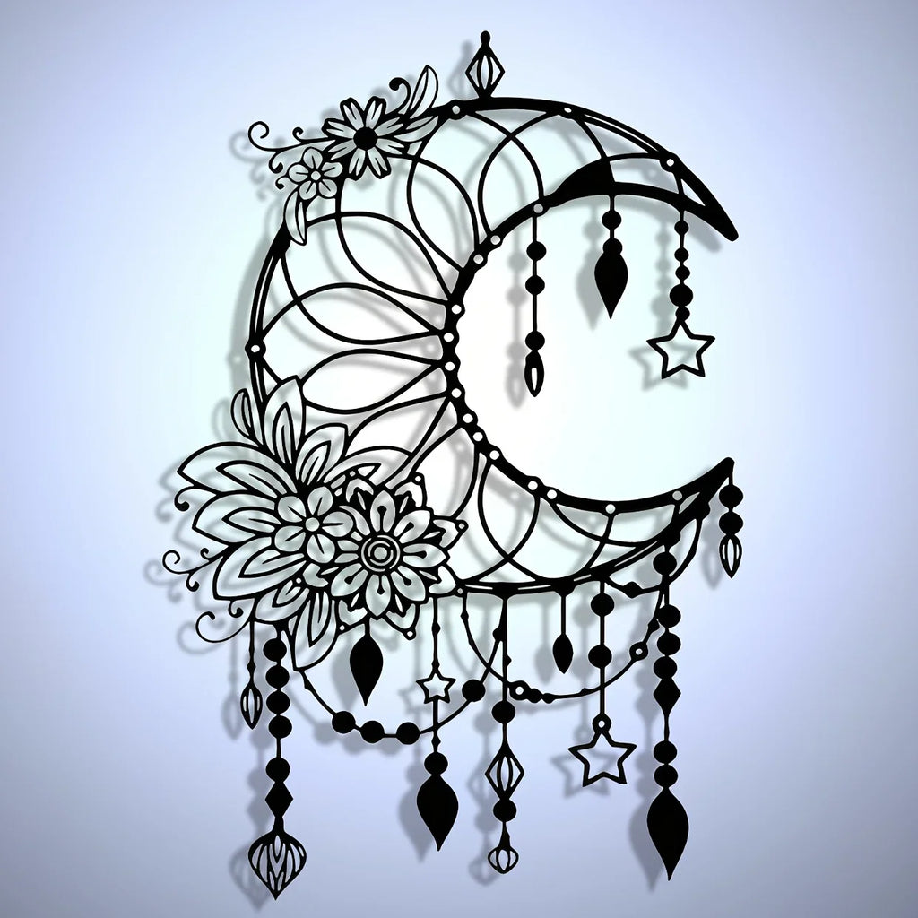 Elegant Gothic Moon & Flower Metal Wall Art Modern Craft Hanging Ornament for Living Room Decor