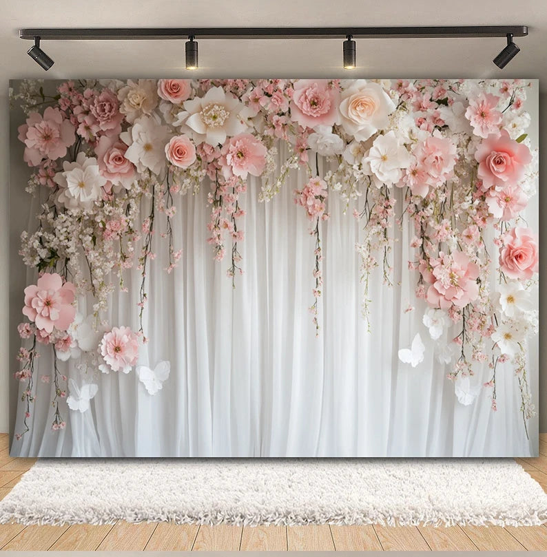 Toile de fond de fête pour photographie, motif mariage, fleur rose, palais, mur blanc, pour fête prénuptiale, décor de portrait de mariage, arrière-plan photo