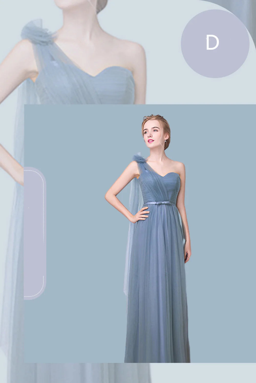Élégante Robe de Demoiselle d'honneur Gris Bleu Simple 4 styles sans Manches Femme Classique Tulle Ceinture Satin Lacets Nœud Robe de Bal Ligne A