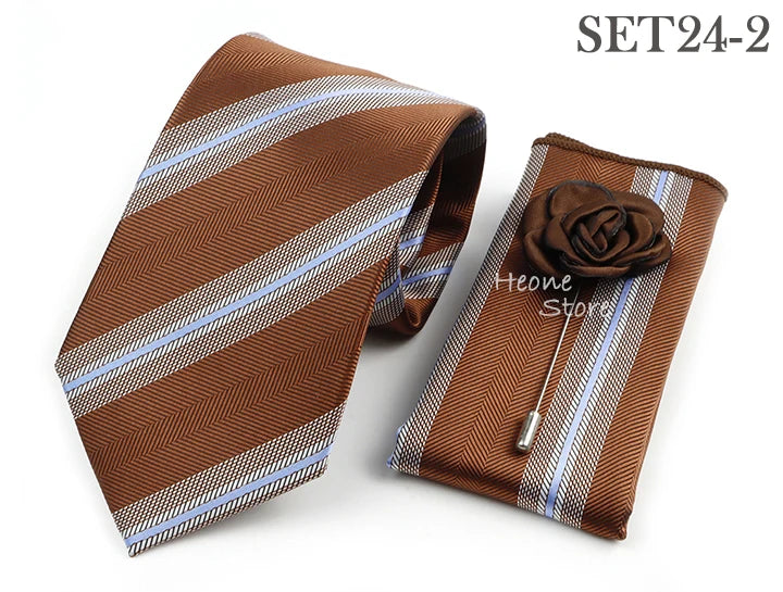 Men's Striped Necktie, Pocket Square & Brooch Set | Groom & Groomsmen Wedding Accessory