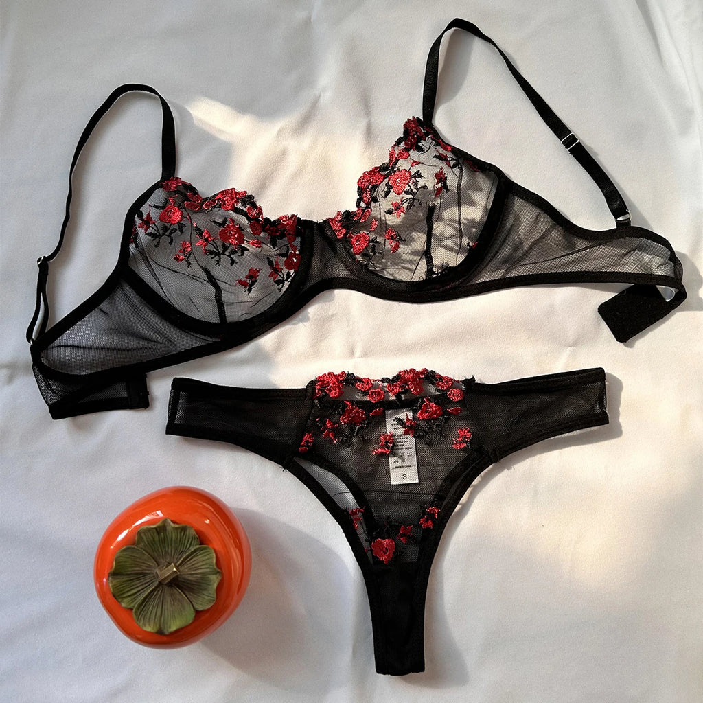 Ensemble de lingerie sexy fantaisie en dentelle érotique pour femme, 2 pièces, sous-vêtements transparents brodés, soutien-gorge et culotte érotiques magnifiques
