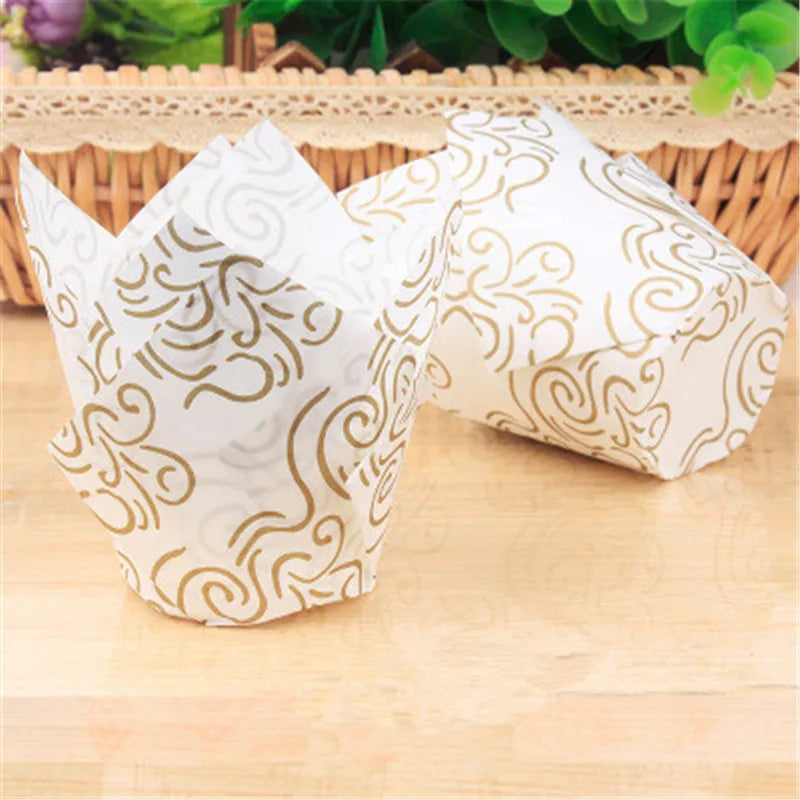 50x caissettes à cupcake de style journal, pour pâtisserie, mariage, caissettes tulipe, moule à muffins, papier sulfurisé, emballage de gâteau résistant à l'huile